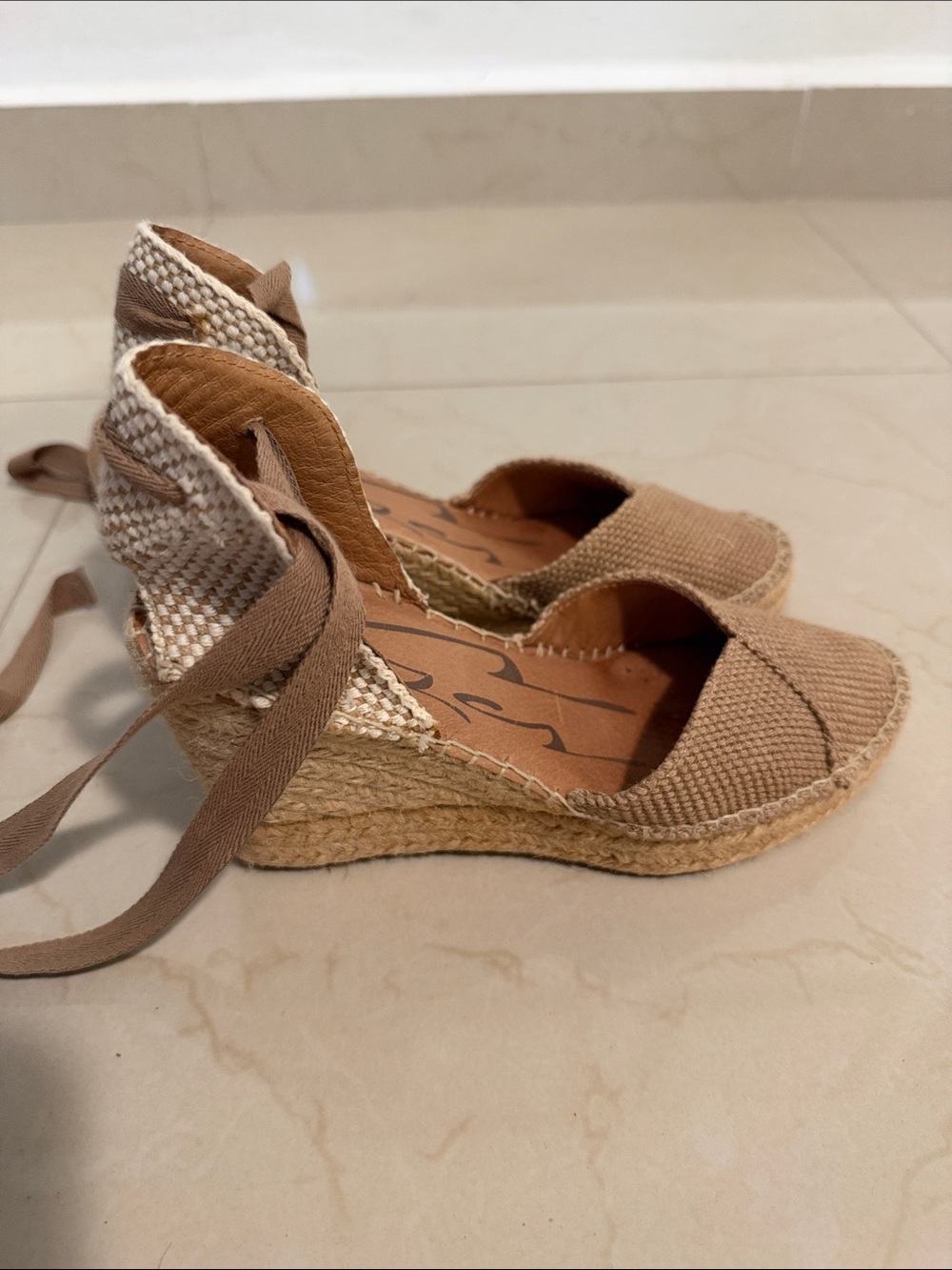 Woven Espadrille Ankle-Tie Flats in Tan